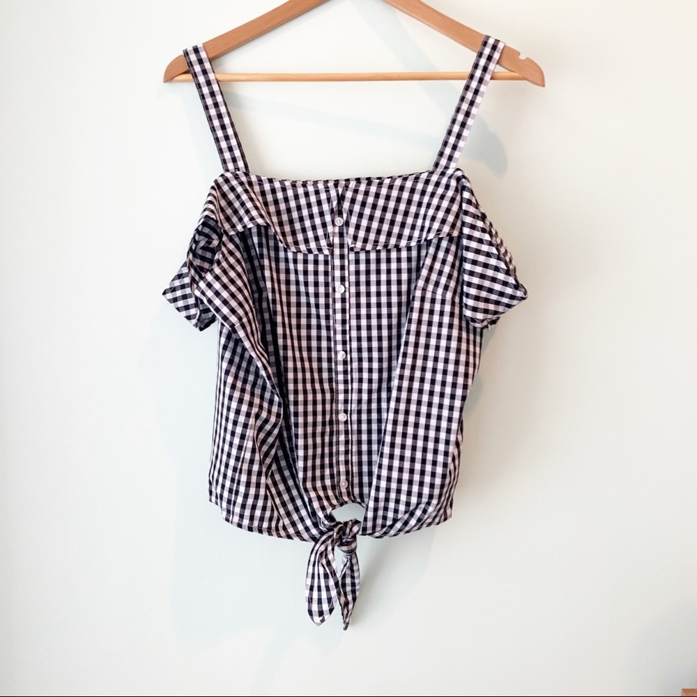 🏷️ Ultra Flirt Black White Checkered Plaid Cold Shoulder Tie Front Top XL